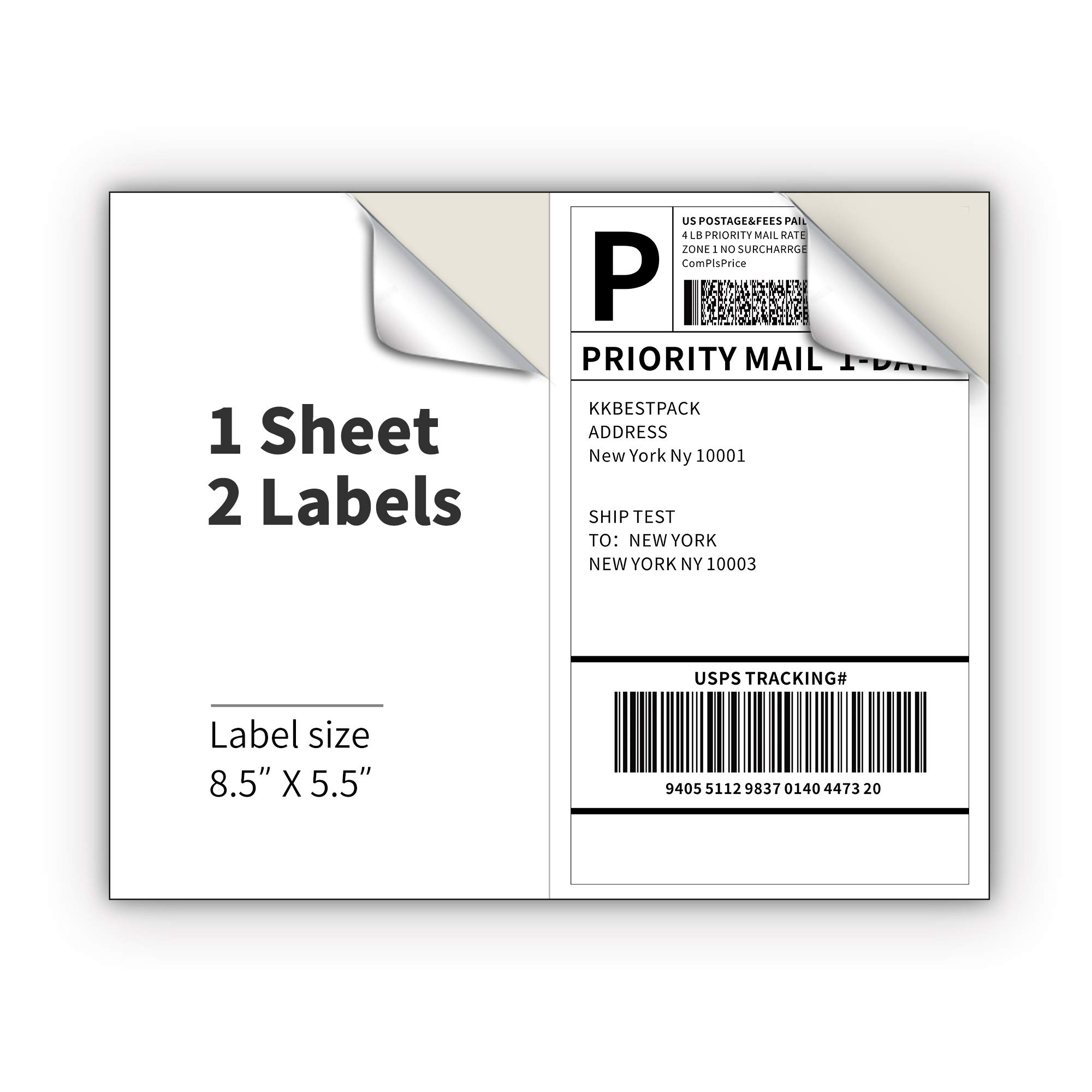 KKBESTPACK Label Penghantaran Separuh Helaian untuk Pencetak Laser dan Inkjet 2 Setiap Halaman Label Pelekat Mel Sendiri Putih 8.5 x 5.5