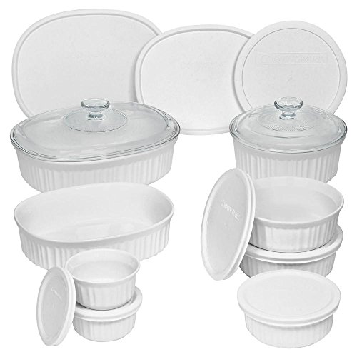 CorningWare French White Seramik Perancis 18 Keping Putih Tidak Berliang Tahan Lama dan Set Alat Bakar Peti Ketuhar dan Ketuhar Gelombang Mikro dengan Penutup oleh CorningWare