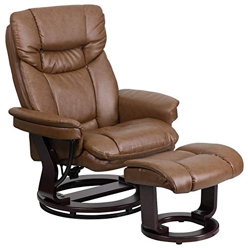 Flash Furniture Recliner Multi-Position Kontemporari dan Ottoman Melengkung dengan Pangkalan Kayu Putar Mahoni di Palimino Leather