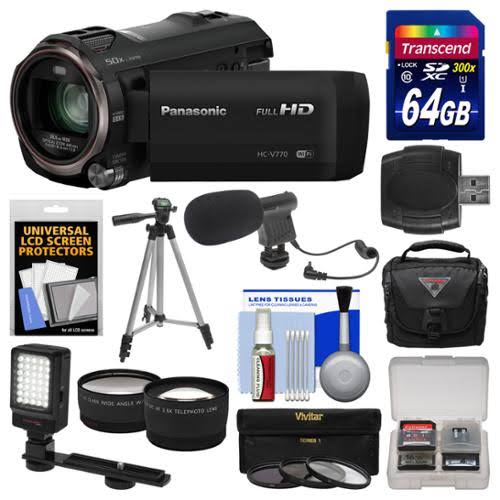 Panasonic Camcorder HD HC-V770 dengan Tangkapan Video Berkembar Telefon Pintar Wayarles + 64GB 94MB/s UHS-1/U3