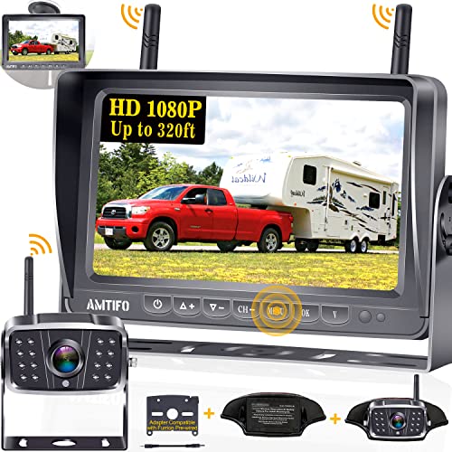  AMTIFO Kamera Sandaran RV HD Wayarles 1080P 7'' Monitor DVR Skrin Pisah Treler Bluetooth Kamera Pandangan Belakang Sistem 4 Saluran Trak Camper Penyesuai Penglihatan Malam Inframerah untuk Furrion...