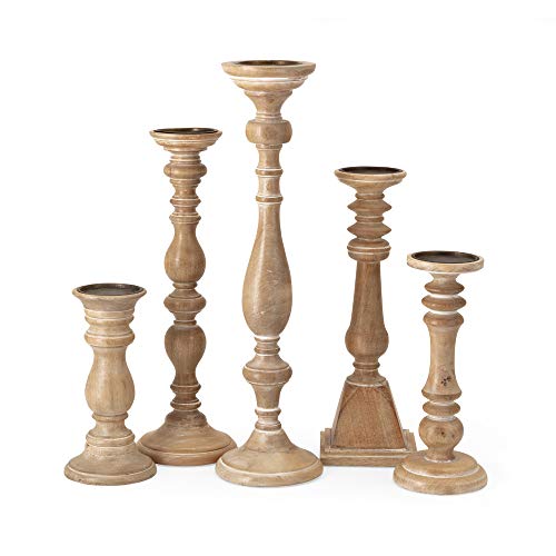 Imax Mason Natural Wash Wood Candleholders - Set 5 Vint...