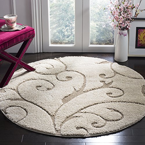 Safavieh Florida Shag Collection SG455-1113 Scrolling Vine Cream dan Permaidani Beige Graceful Swirl Round Area (8 'Diameter)