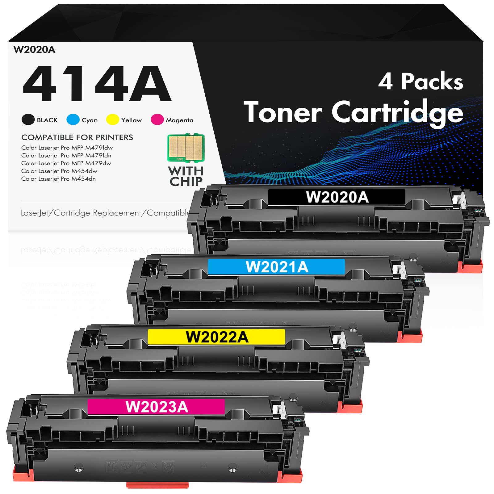 INFITONER Kartrij Toner 414A 4 Pek (dengan Cip) Penggantian Serasi untuk HP 414A 414X W2020A untuk HP Color Pro MFP M479fdw M479fdn M454dw M454dn Dakwat Pencetak (Kuning Cyan Magenta Hitam)