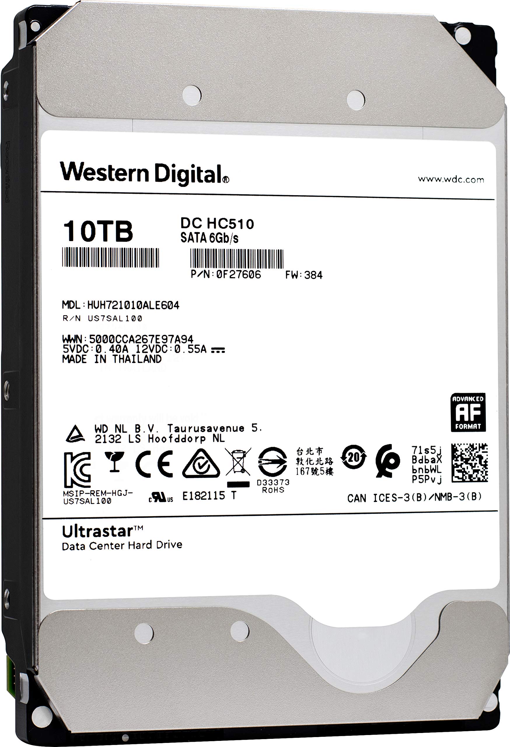 HGST WD Ultrastar DC HC510 10TB 7200 RPM SATA 6Gb/s 3.5' Pemacu Cakera Keras Perusahaan Platform Helium - HUH721010ALE604 (0F27606)